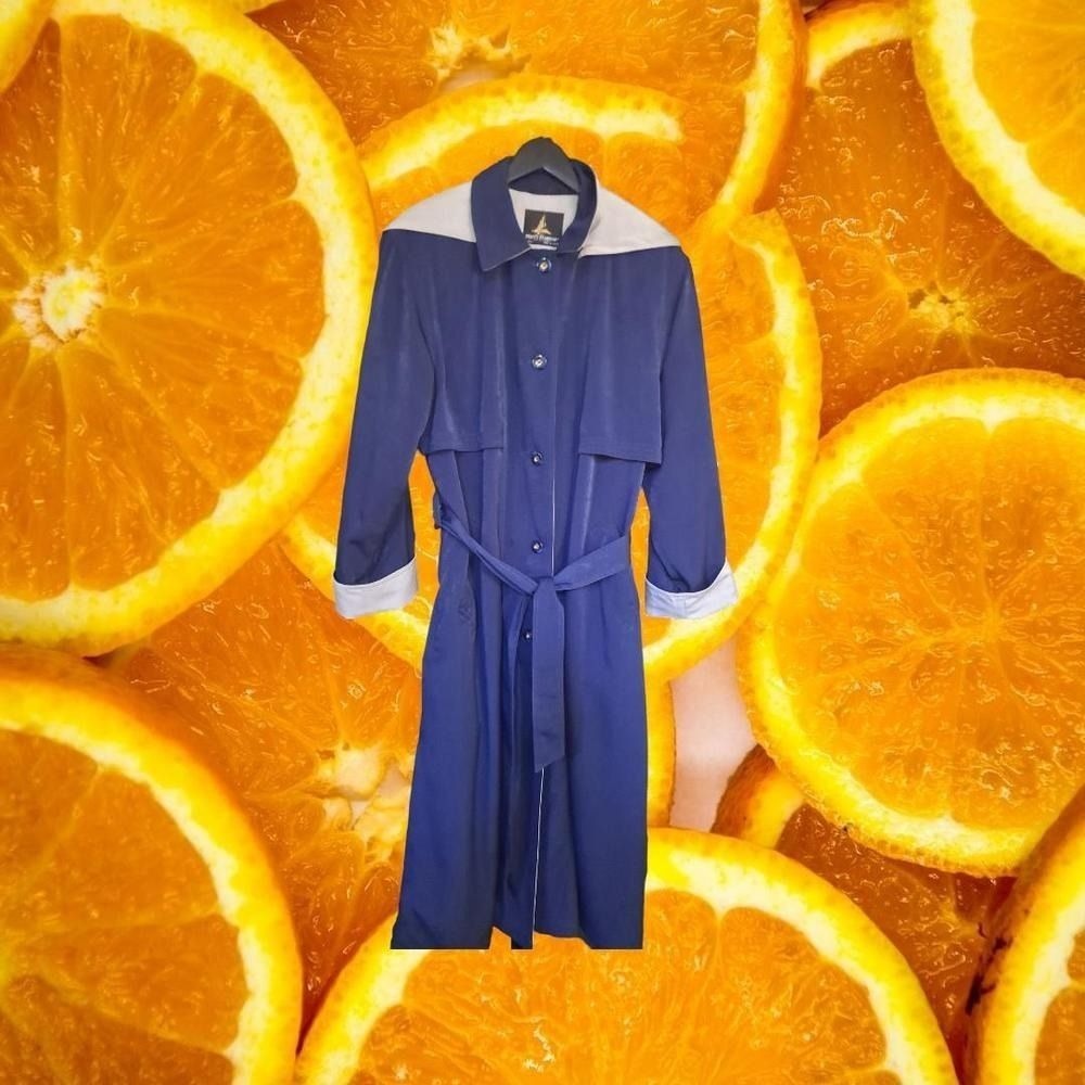 Misty Harbor Original Navy Blue Belted Trench Coat with Hood and Gray Trim